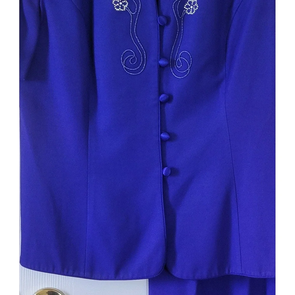 Vintage Royal‎ Blue Skirt Suit Short Sleeve Embroidered Beaded 2pc Size 14 USA